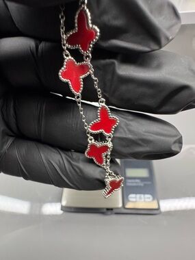 7 plus 1 inch 925 Sterling Silver Red Enamel Butterfly Bracelet